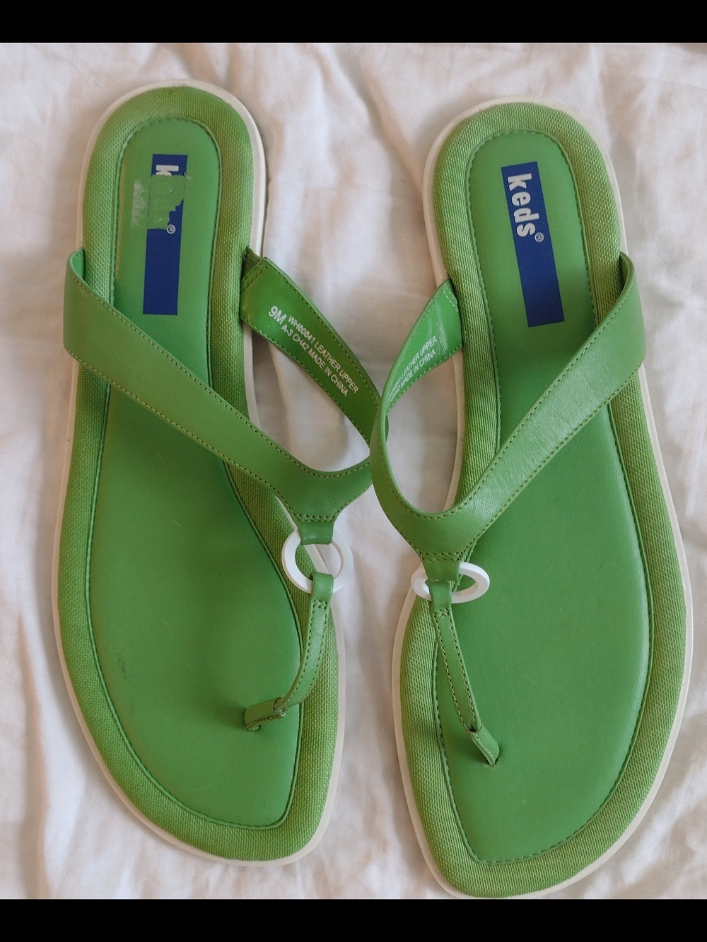 Keds Leather Green Toe-Ring Sandals White Accent (Sz 9) Vintage Preppy Classic - Picture 2 of 5
